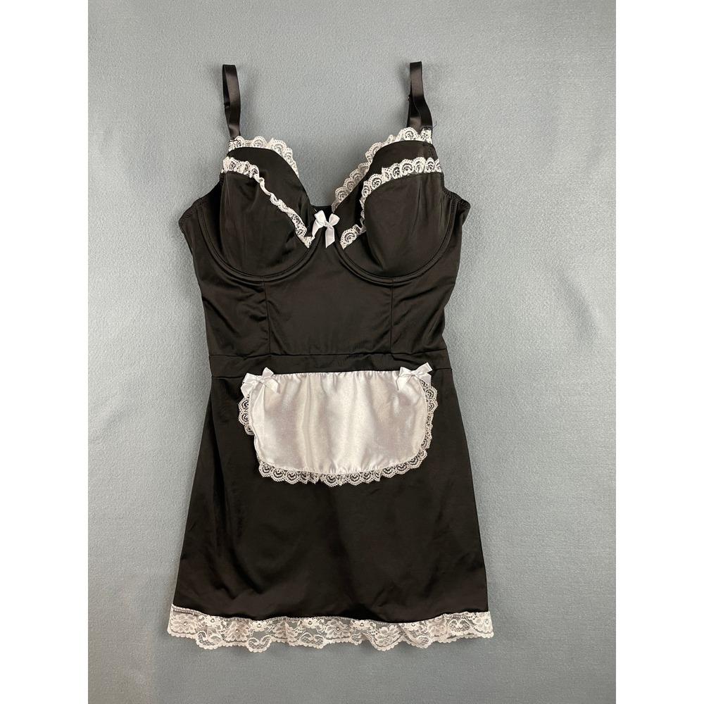 French Maid Babydoll Chemise Lingerie Coquette Y2K Gothic Black Satin Lace 1X